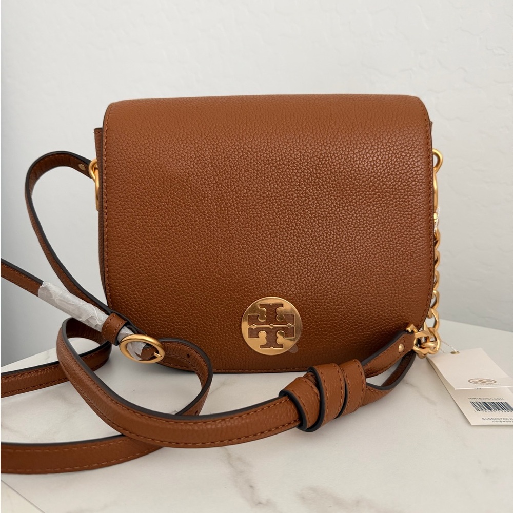 Tory Burch Everly Flap Saddle Bag Pebbled Leather Crossbody with Gold Logo